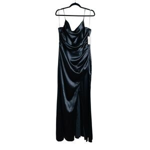 Birdy Grey Dress Womens Large Black Satin Maxi Gown Cowl Neck Formal Evening New